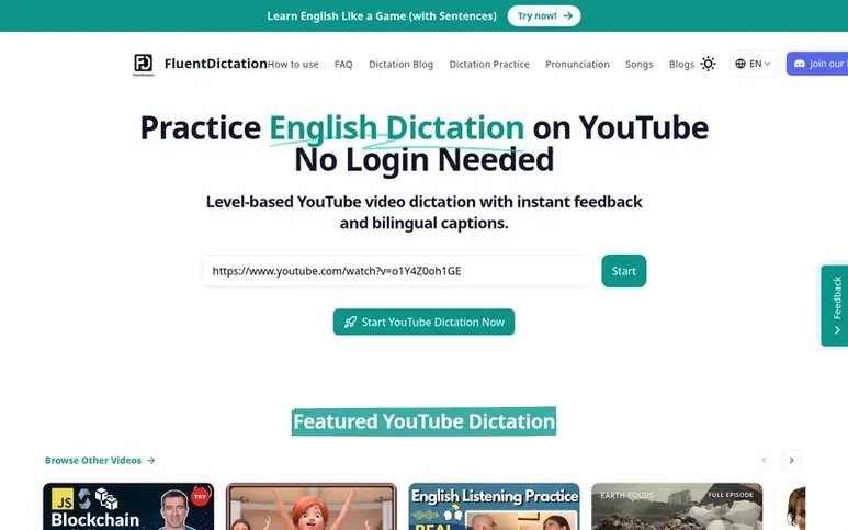Screenshot of the FluentDictation homepage