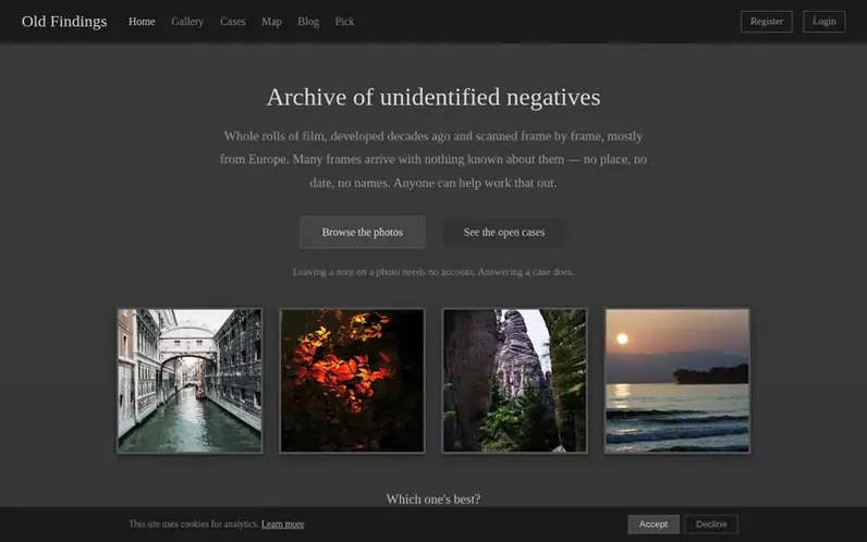 Screenshot of the Old Findings homepage
