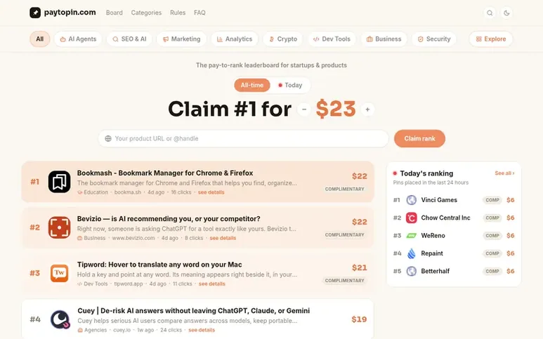 Screenshot of the PayToPin homepage