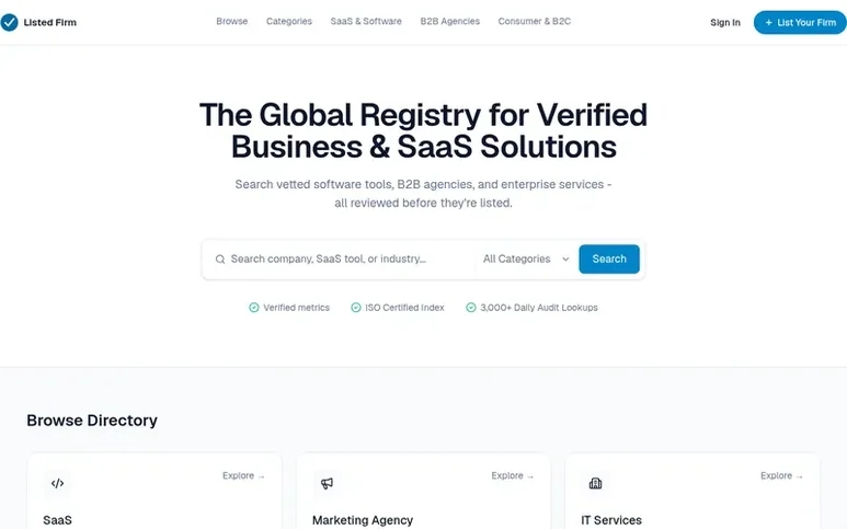 Screenshot of the Listed Firm homepage