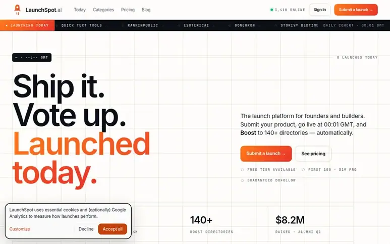 Screenshot of the LaunchSpot homepage