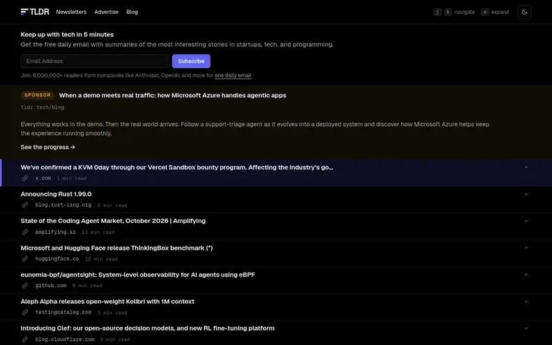 Screenshot of the TLDR homepage