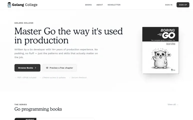 Screenshot of the Golang College homepage