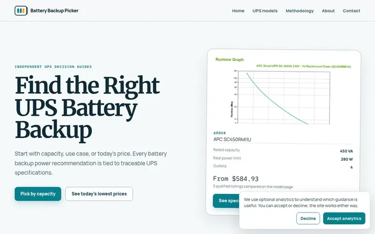 Screenshot of the Battery Backup Picker homepage