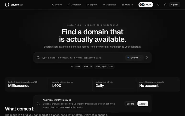 Screenshot of the Onymu homepage